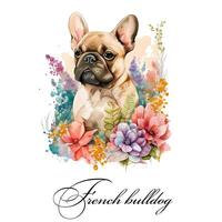 acquerello ai generato illustrazione di un' singolo cane razza francese bulldog con fiori. guida cane, un' invalidità assistenza cane. acquerello animale collezione di cani. cane ritratto. illustrazione di animale domestico. foto