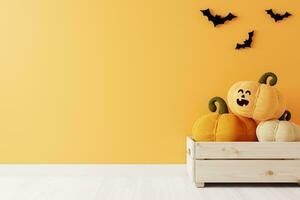 arancia sfondo con sorridente zucca nel cestino e pipistrelli per Halloween. foto