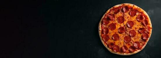 gustoso Pizza bandiera con salame su buio calcestruzzo superficie. superiore Visualizza di caldo peperoni Pizza. con copia spazio per testo. piatto posizione. foto