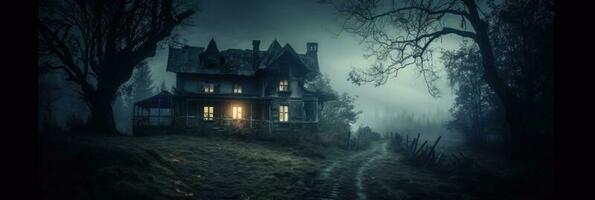 raccapricciante vecchio Casa nel nero e bianca nascosto nel il foresta con un' pieno Luna sfondo. vecchio mistico edificio nel morto albero foresta. orrore Halloween concetto. foto