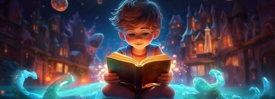 poco ragazzo lettura un' Magia prenotare, fantasia concetto. cartone animato illustrazione. Fata racconto con fantastico leggero effetto. foto