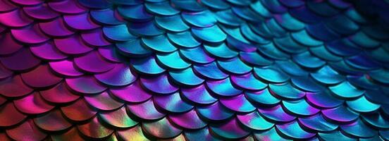 olografico metallo creativo sfondo con geometrico modello. ultra viola neon leggero olografico di moda sirena struttura striscione. stilizzato serpente o pesce o sirena bilancia. foto