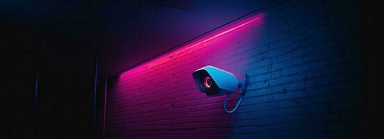 moderno cctv telecamera su un' parete. un' neon leggero notte paesaggio urbano sfondo. concetto di sorveglianza e monitoraggio. tonica Immagine Doppio esposizione finto su. foto