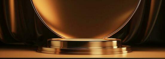 oro tessuto seta palcoscenico .3d podio per Prodotto Schermo. il giro scena coperto con d'oro stoffa composizione per moderno In piedi Schermo ,astratto vetrina sfondo. foto