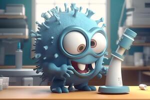ai generato coronavirus virus pixar cartone animato 3d personaggio nel laboratorio su bianca sfondo foto