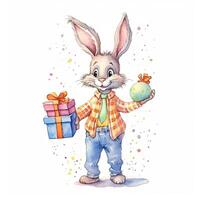 acquerello coniglio con regalo scatola. illustrazione ai generativo foto