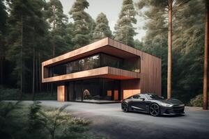 ai generato moderno eco Casa nel minimalista design con sport auto nel davanti di esso e collocato nel il foresta foto