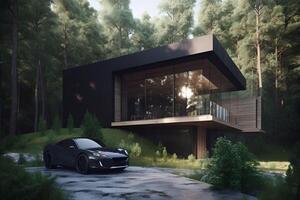 ai generato moderno eco Casa nel minimalista design con sport auto nel davanti di esso e collocato nel il foresta foto