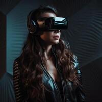 un' donna indossare un' virtuale la realtà cuffia. ai generato illustrazione. foto
