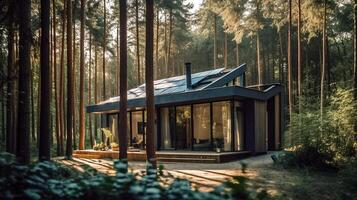 moderno piccolo Casa con solare pannelli nel il foresta. ai generato illustrazione foto