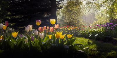 colorato tulipano fiori paesaggio sfondo su un' giardino soleggiato giorno. generativo ai. foto