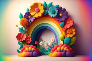 carta tagliare di un' arcobaleno circondato di fiori. generativo ai. foto