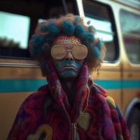 uomo vestito come un' clown in piedi nel davanti di un' autobus. generativo ai. foto