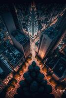 un aereo Visualizza di un' città a notte. generativo ai. foto