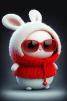 bianca coniglio indossare occhiali da sole e un' rosso sciarpa. generativo ai. foto