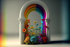 arcobaleno arco con fiori nel davanti di esso. generativo ai. foto