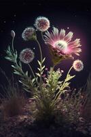 gruppo di fiori seduta su superiore di un' lussureggiante verde campo. generativo ai. foto