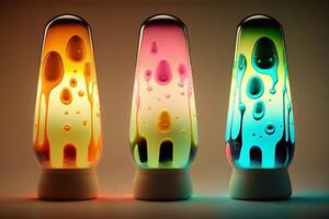 tre lava lampade siamo illuminato su nel diverso colori e forme. generativo ai. foto