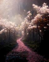 sentiero nel il mezzo di un' foresta coperto nel rosa fiori. generativo ai. foto