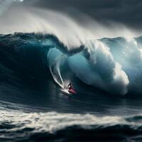 uomo equitazione un' onda su superiore di un' tavola da surf. generativo ai. foto