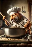 ghepardo nel un' chef cappello cucinando su un' fornello. generativo ai. foto