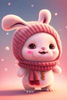 bianca coniglio indossare un' rosa cappello e sciarpa. generativo ai. foto