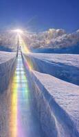 arcobaleno ponte nel il mezzo di un' neve coperto campo. generativo ai. foto