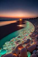 il sole è ambientazione al di sopra di il acqua su il spiaggia. generativo ai. foto