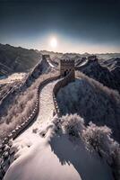 il grande parete di Cina è coperto nel neve. generativo ai. foto