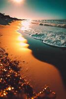 il sole brilla brillantemente su un' sabbioso spiaggia. generativo ai. foto