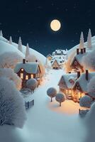 nevoso villaggio a notte con un' pieno Luna. generativo ai. foto