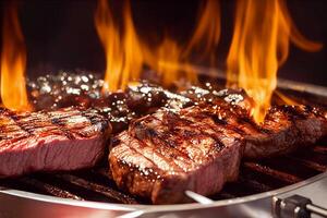 grigliato carne bistecca su inossidabile griglia deposito con fiamme su buio sfondo. cibo e cucina concetto. generativo ai foto
