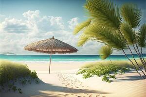 un ombrello seduta su superiore di un' sabbioso spiaggia. generativo ai. foto