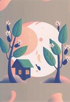 pittura di un' Casa e alberi con un' pieno Luna nel il sfondo. generativo ai. foto