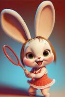 cartone animato coniglietto Tenere un' tennis racchetta. generativo ai. foto