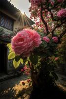 albero con rosa fiori nel davanti di un' costruzione. generativo ai. foto