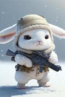 bianca coniglio con un' pistola in piedi nel il neve. generativo ai. foto