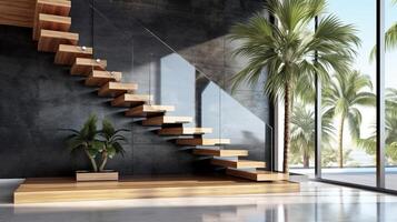 interno di moderno scala disegno, elegante l forma legna mensola scale, granito base. ai generato. foto