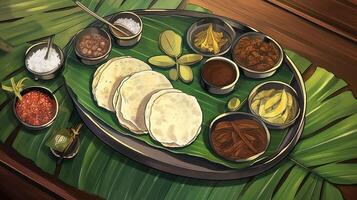 kerala Festival contento onam sfondo con tradizionale cibo servito su Banana foglia. ai generato. foto