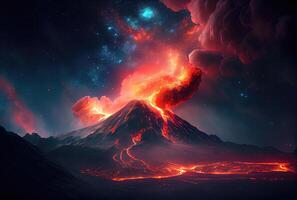 il vulcano eruttò con caldo lava e nero Fumo copertura il cielo. natura e disastro concetto. generativo ai foto