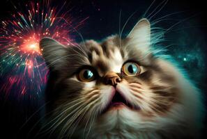 il gatto è impaurito e scioccato di il suono di fuochi d'artificio con cielo sfondo. animale domestico e animale concetto. digitale arte illustrazione. generativo ai foto