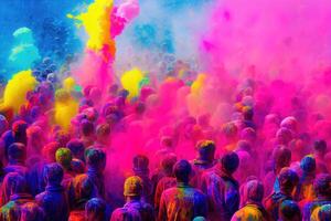holi Festival il Festival di colori con folla persone e colorato polvere nel il indiano cittadina. generativo ai foto