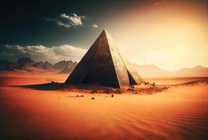piramide nel il sabbia duna deserto e cielo sfondo. viaggio destinazione e architettura concetto. digitale arte illustrazione. generativo ai foto
