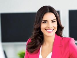 giovane sorridente donna d'affari, in piedi nel sfocatura sfondo di ufficio. generativo ai foto