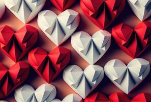papercut rosso e bianca cuori origami sfondo. amore storia e san valentino giorno sfondo concetto. generativo ai foto