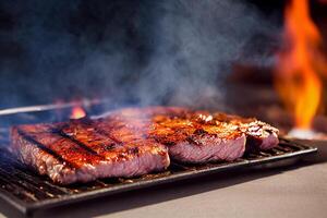 grigliato carne bistecca su inossidabile griglia deposito con fiamme e Fumo su buio sfondo. cibo e cucina concetto. generativo ai foto