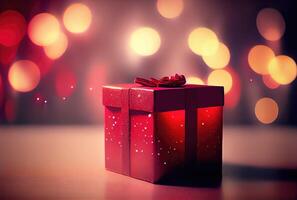 celebrare regalo scatola su il tavolo con sfocato bokeh leggero sfondo. nuovo anno evento e Natale celebrazione concetto. generativo ai foto