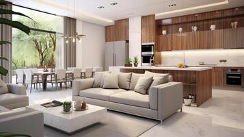 interno di moderno vivente camera e cucina con confortevole divanom e caffè tavolo. ai generato. foto