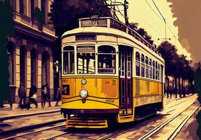 giallo tram su il strada acquerello. ai generato foto