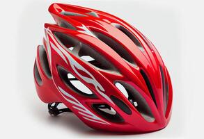 rosso casco di un' ciclista su un' bianca sfondo. ai generato. foto